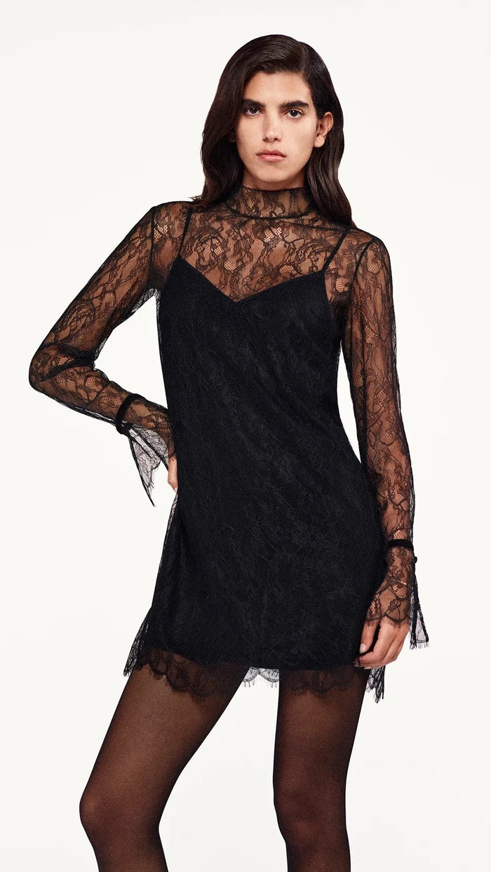 Frame Denim Lace Long Sleeve Shift Dress in Black
