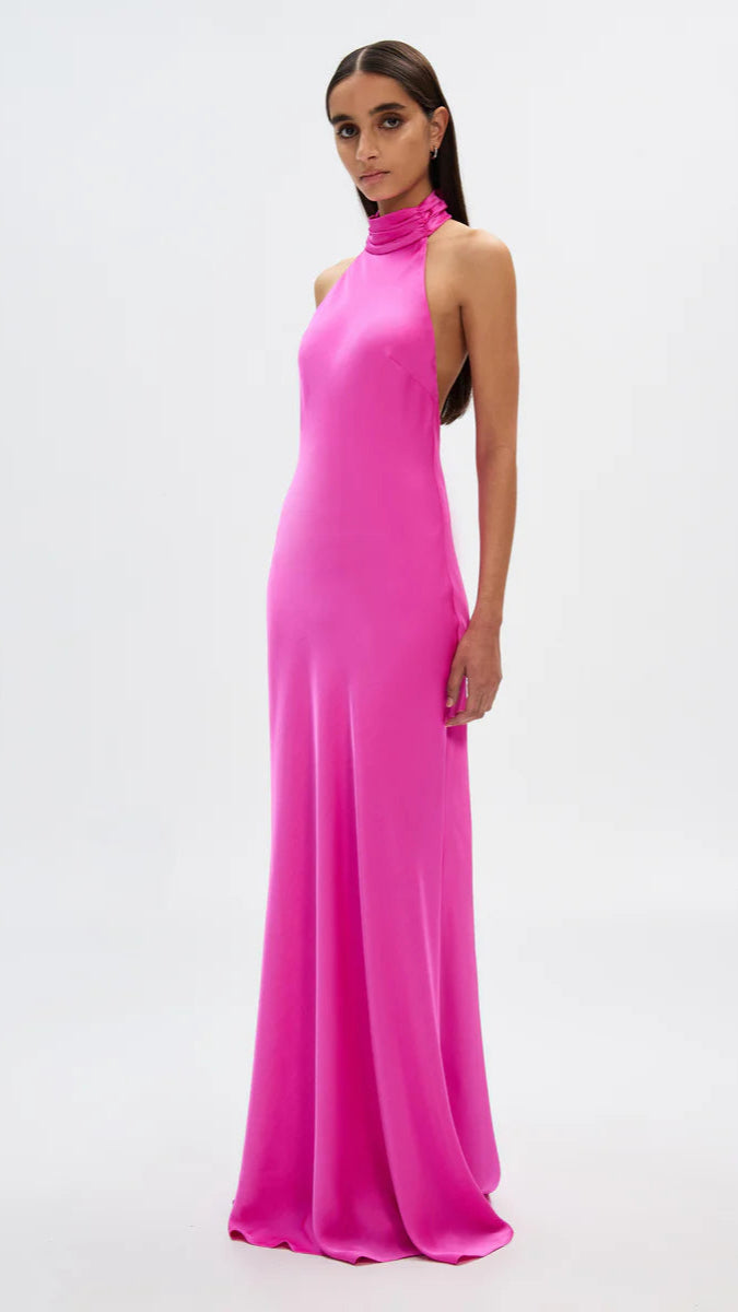 Misha The Evianna Satin Bow Gown in Hot Pink