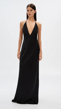 Misha The Honor Satin Halter Bow Gown in Black