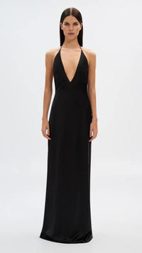 Misha The Honor Satin Halter Bow Gown in Black