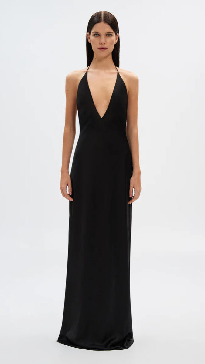 Misha The Honor Satin Halter Bow Gown in Black
