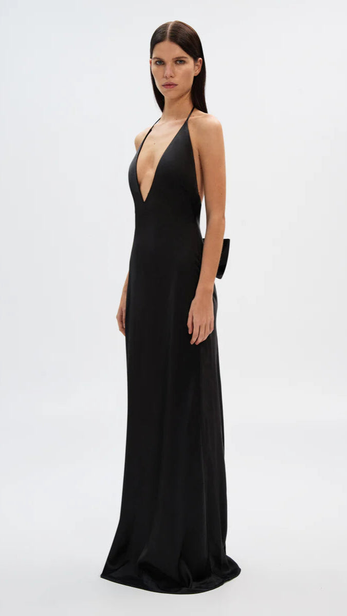 Misha The Honor Satin Halter Bow Gown in Black
