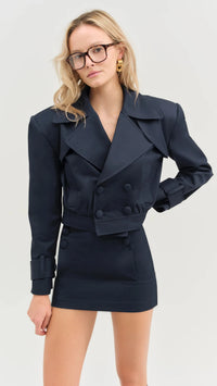 For Love & Lemons Cotton Twill Cropped Trench Jacket in Navy