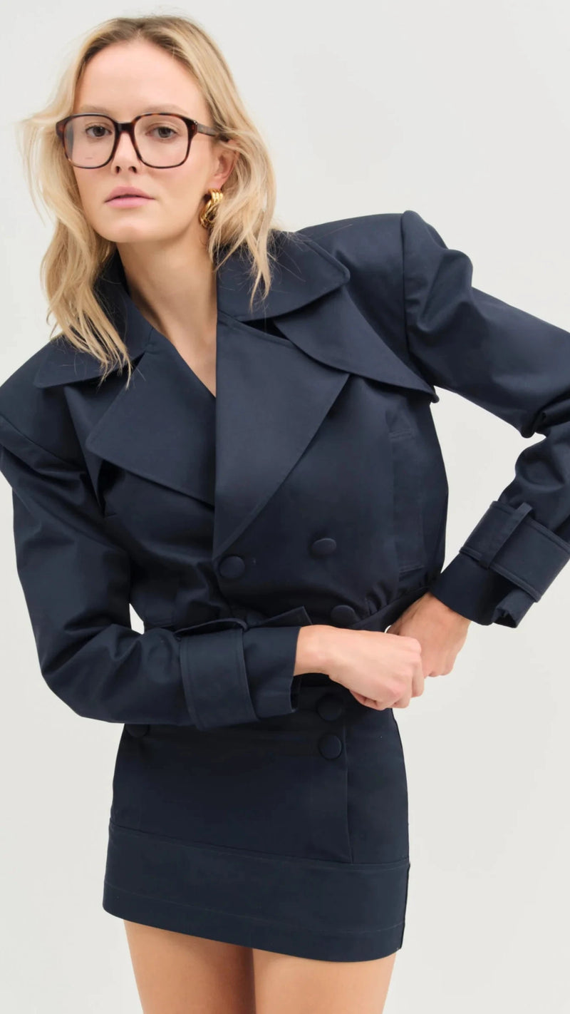 For Love & Lemons Cotton Twill Cropped Trench Jacket in Navy
