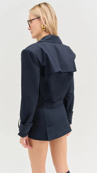 For Love & Lemons Cotton Twill Cropped Trench Jacket in Navy