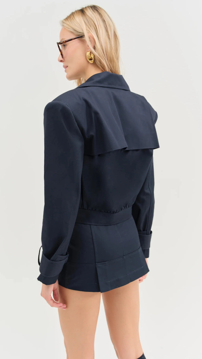 For Love & Lemons Cotton Twill Cropped Trench Jacket in Navy