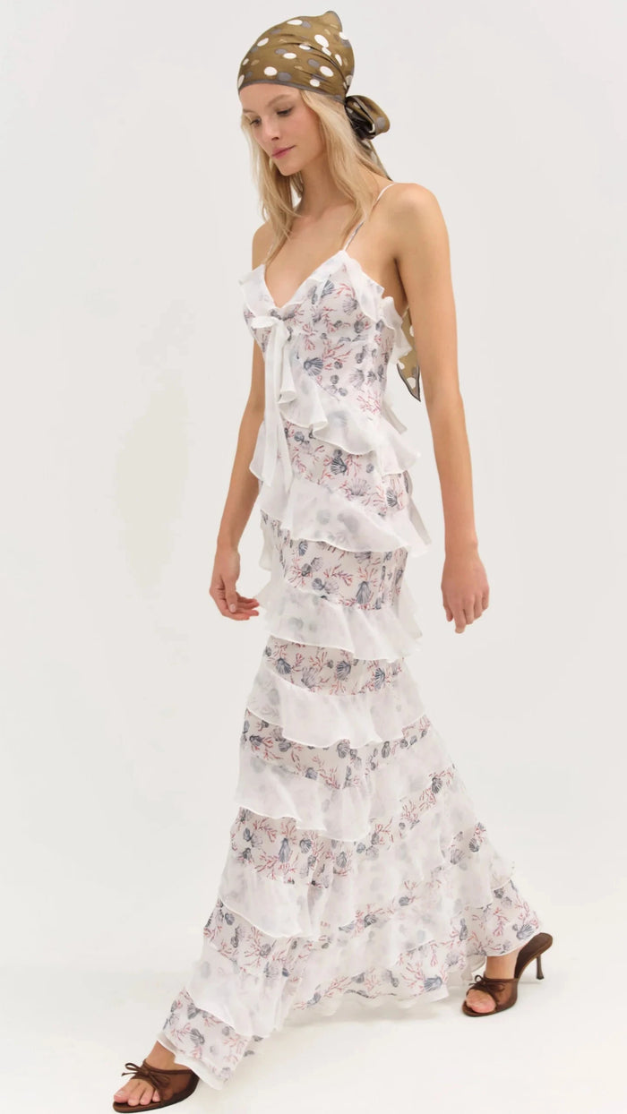 For Love & Lemons Debby Ruffled Maxi Dress in White