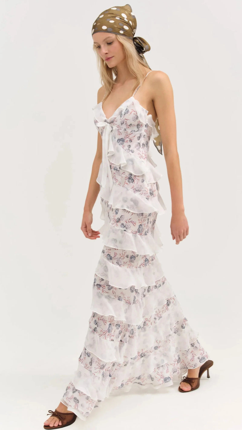 For Love & Lemons Debby Ruffled Maxi Dress in White