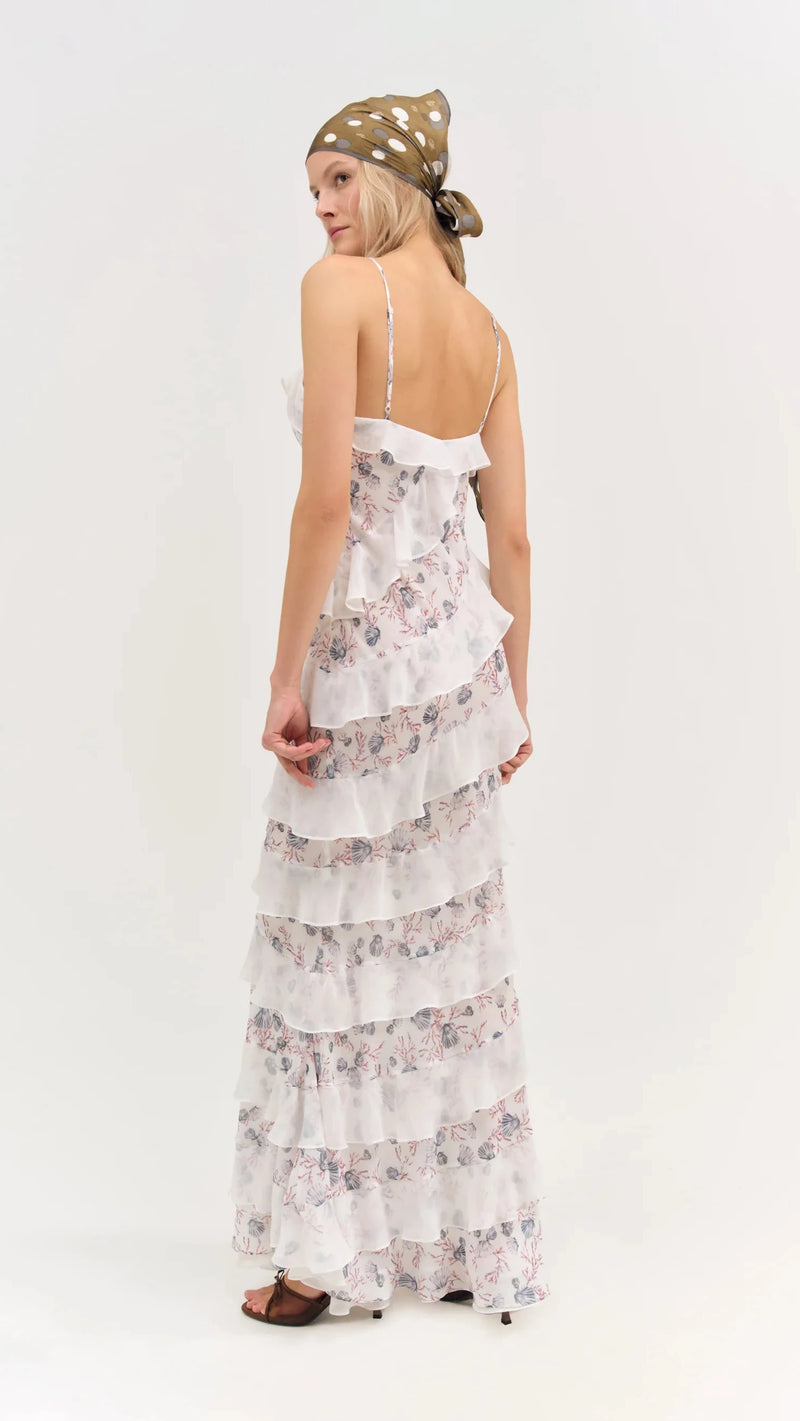 For Love & Lemons Debby Ruffled Maxi Dress in White