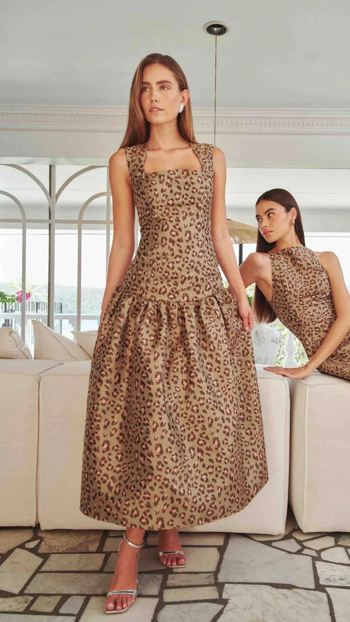 Elliatt Elara Drop Waist Midi Dress in Khaki