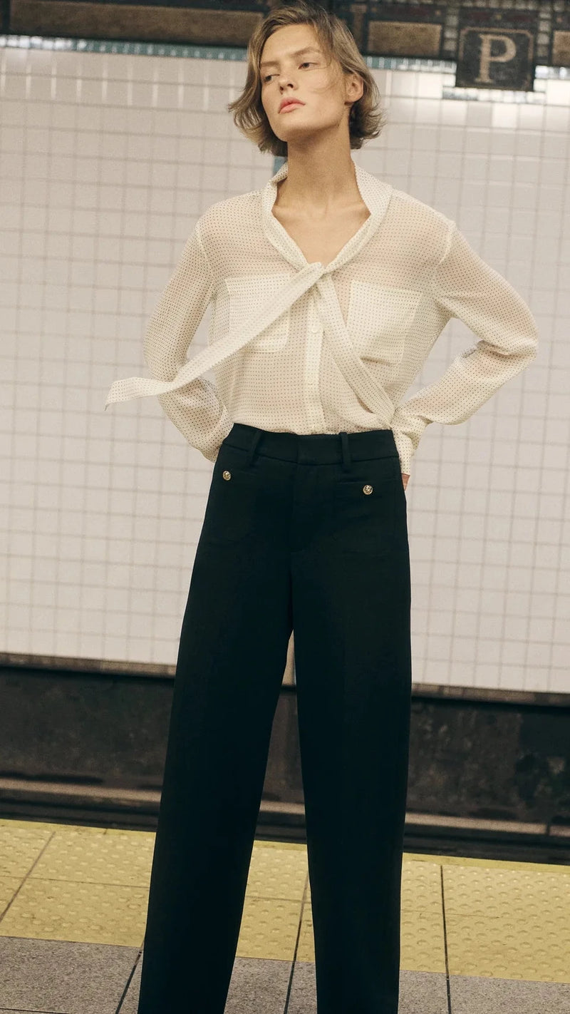 Frame The Polka Dot Modern Tie Blouse in Ecru Multi