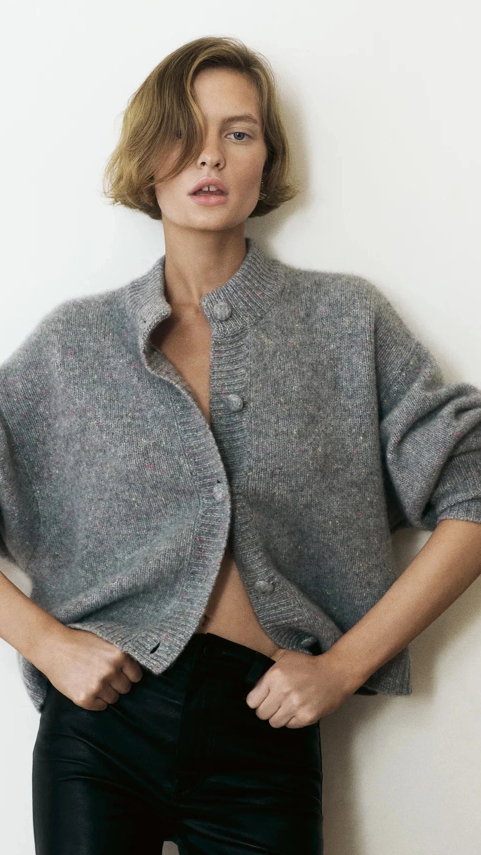 Frame The Cashmere Fleck Cardigan in Silver