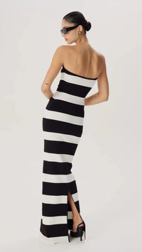Ronny Kobo Lehua Strapless Knit Gown in Black/White Stripe