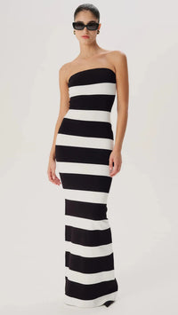 Ronny Kobo Lehua Strapless Knit Gown in Black/White Stripe