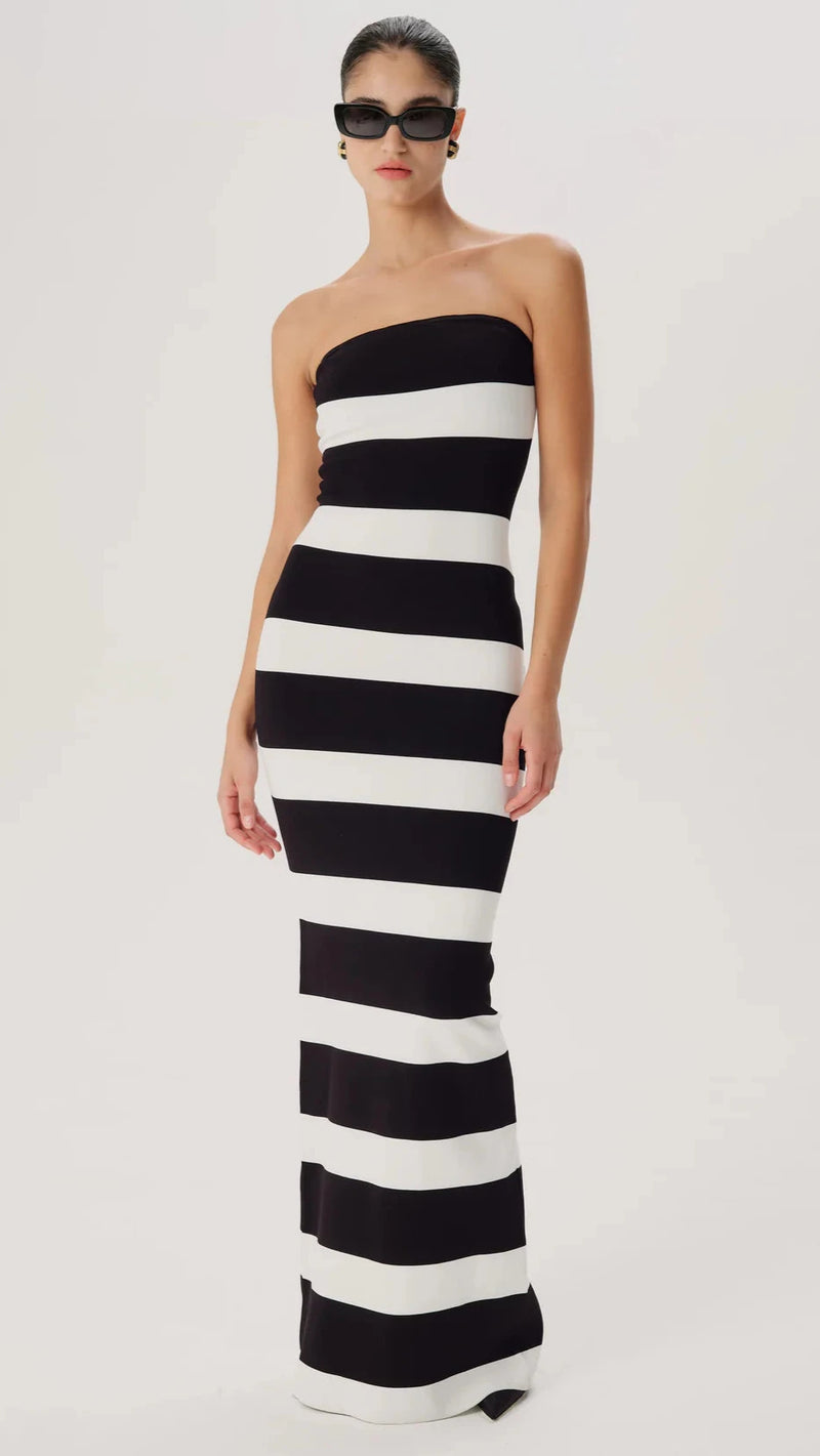 Ronny Kobo Lehua Strapless Knit Gown in Black/White Stripe