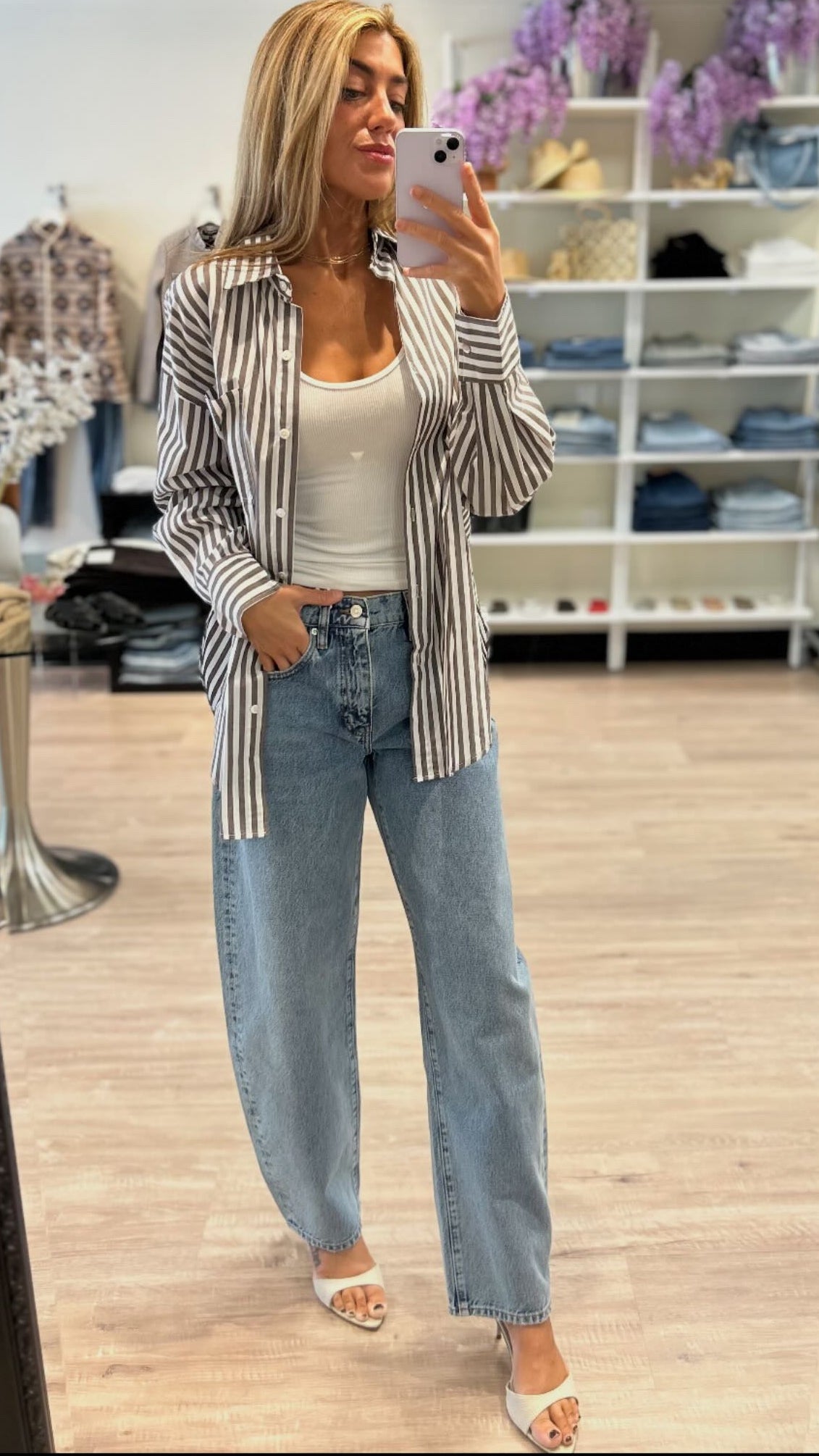 Olivaceous Striped Button Down Top in Brown/White