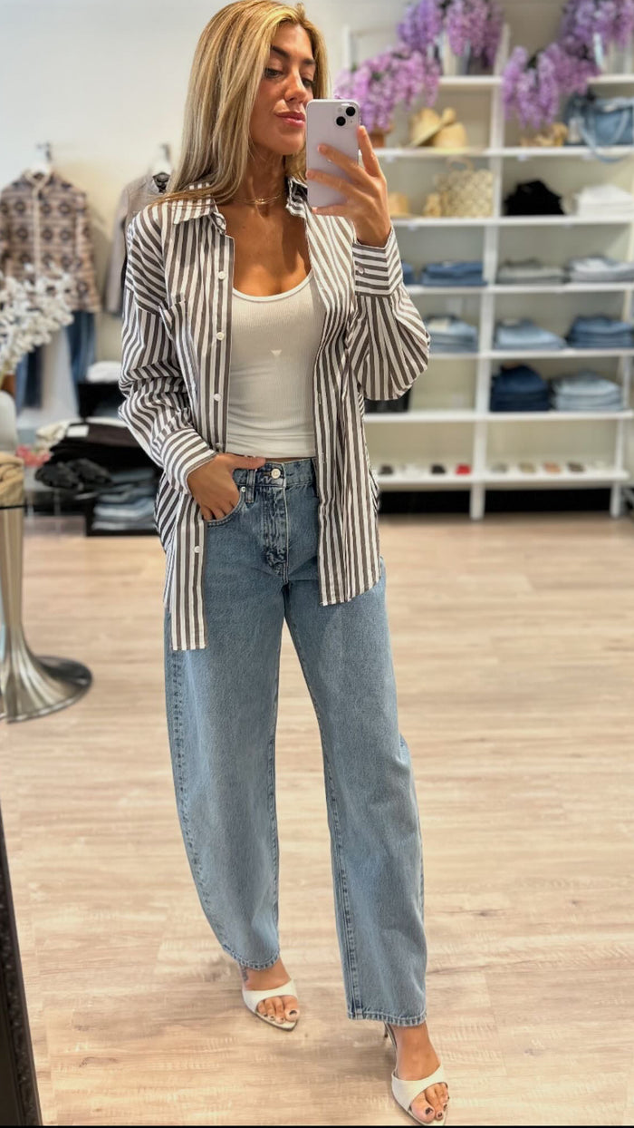 Olivaceous Striped Button Down Top in Brown/White