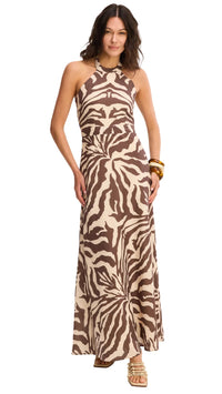 Allison New York Riley Halter Maxi Dress in Brown Zebra