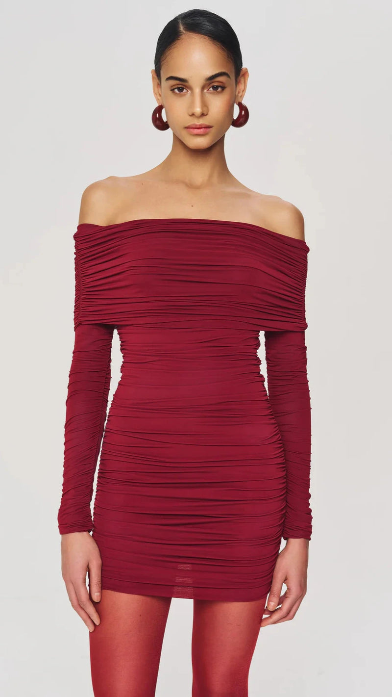 Ronny Kobo Kya Off the Shoulder Mini Dress in Port