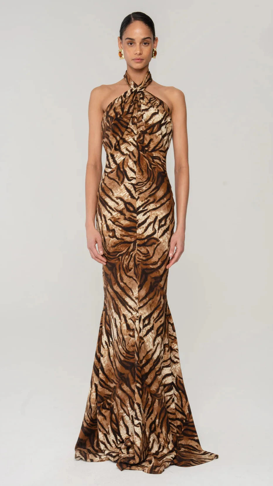 Ronny Kobo Affina Halter Gown in Tigers Eye Print
