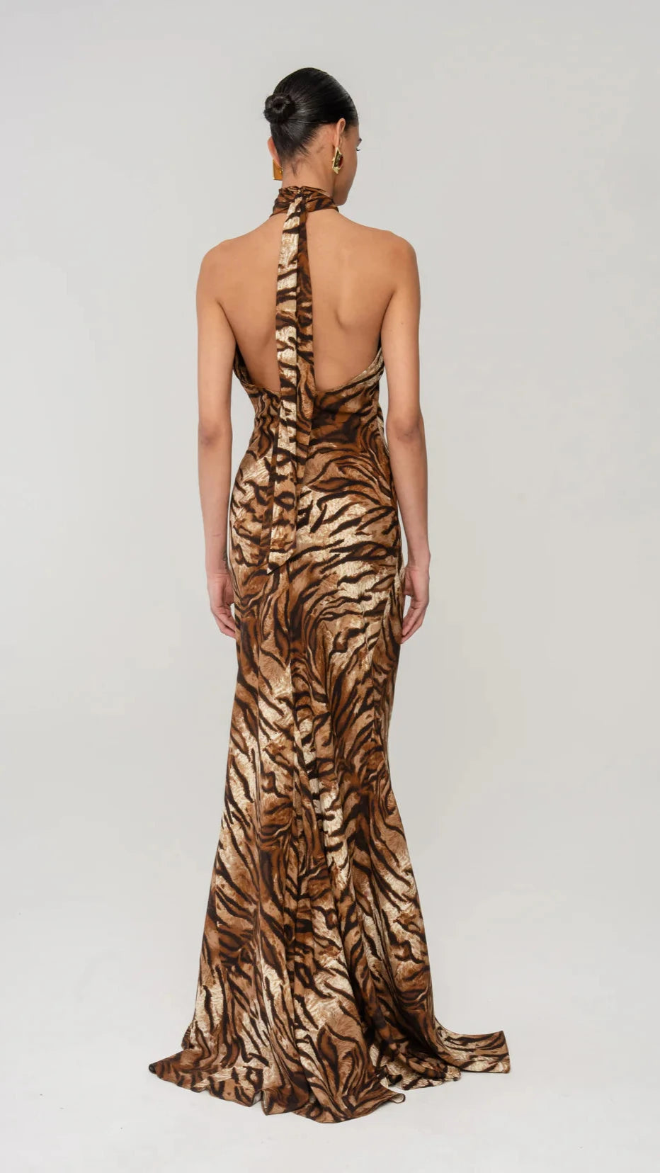 Ronny Kobo Affina Halter Gown in Tigers Eye Print