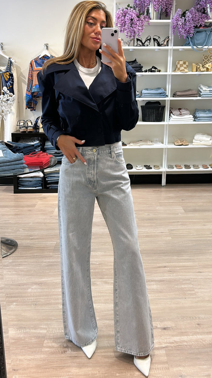 For Love & Lemons Cotton Twill Cropped Trench Jacket in Navy
