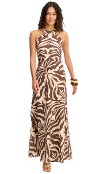 Allison New York Riley Halter Maxi Dress in Brown Zebra