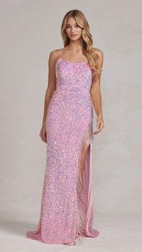 Sequin Gown with Fringe Slit in Pink