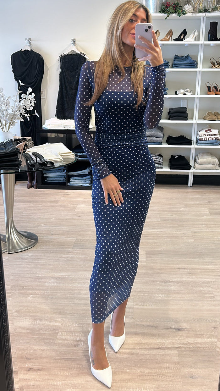 Amanda Uprichard Zoey Long Sleeve Mesh Midi Dress in Navy Polka Dot