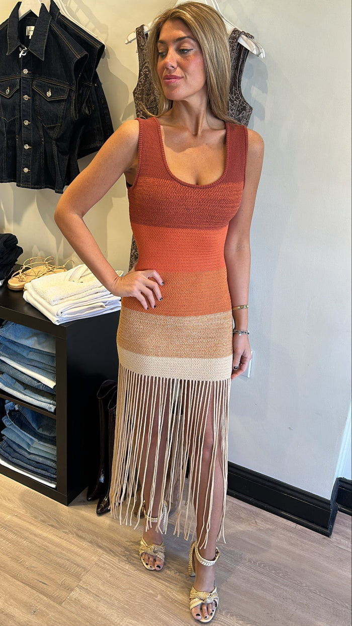 Osis Adria Knit Fringe Dress in Tan