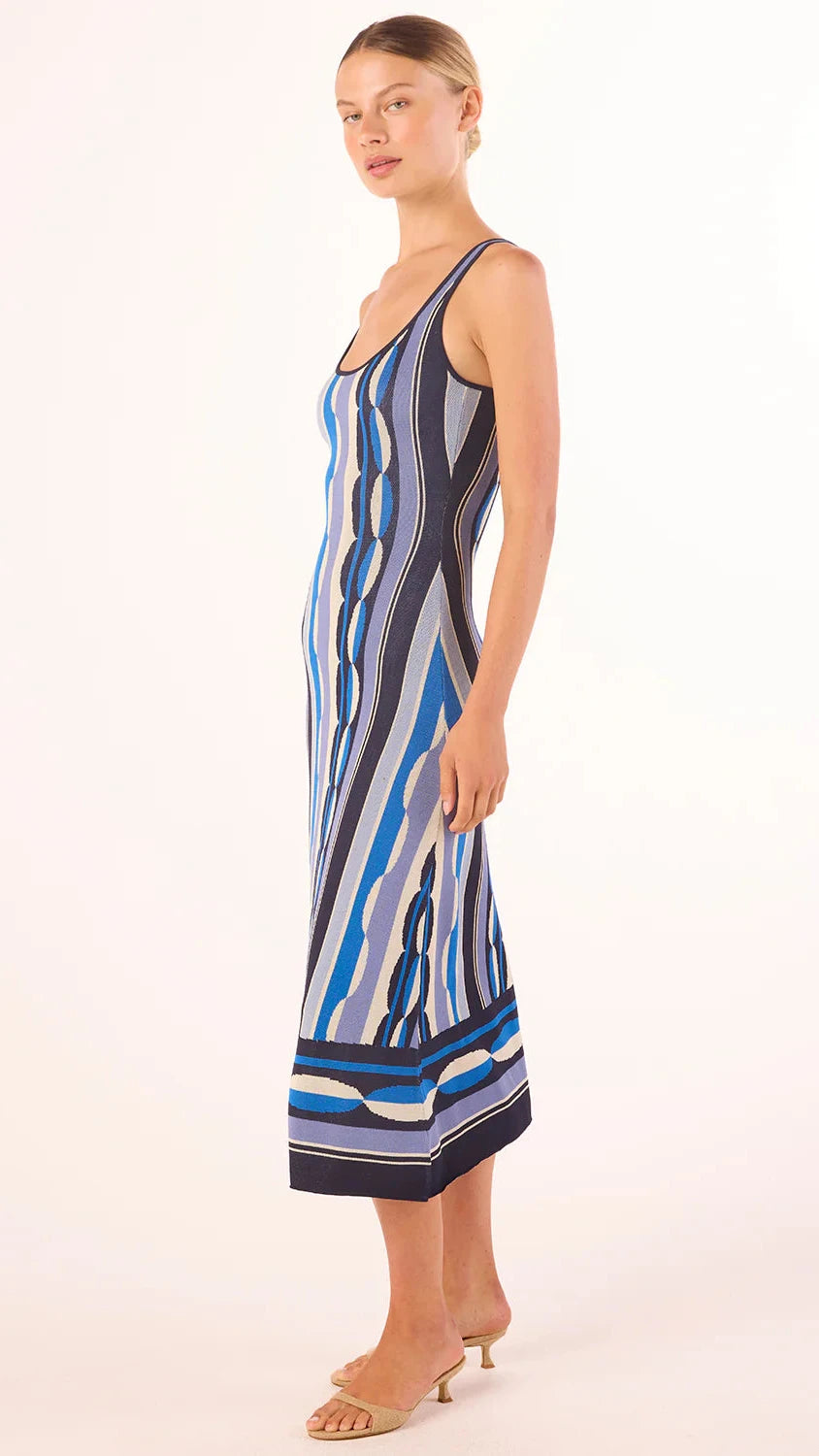 Misa Tali Knit Midi Dress in Blue Geo Stripe Suite 201 Misa Tali Knit Midi Dress in Blue Geo Stripe Suite 201