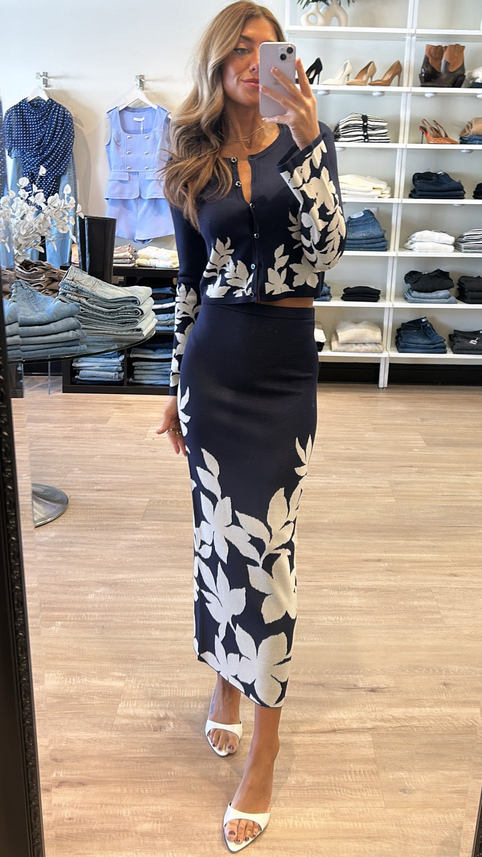 Misa Shae Knit Midi Skirt in Navy Flora