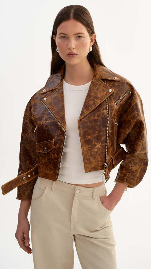 Lamarque Vinnie Leather Cropped Biker Jacket in Brown – Suite 201