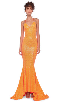 Norma Kamali Sequin Low Back Slip Mermaid Fishtail Gown in Neon Orange