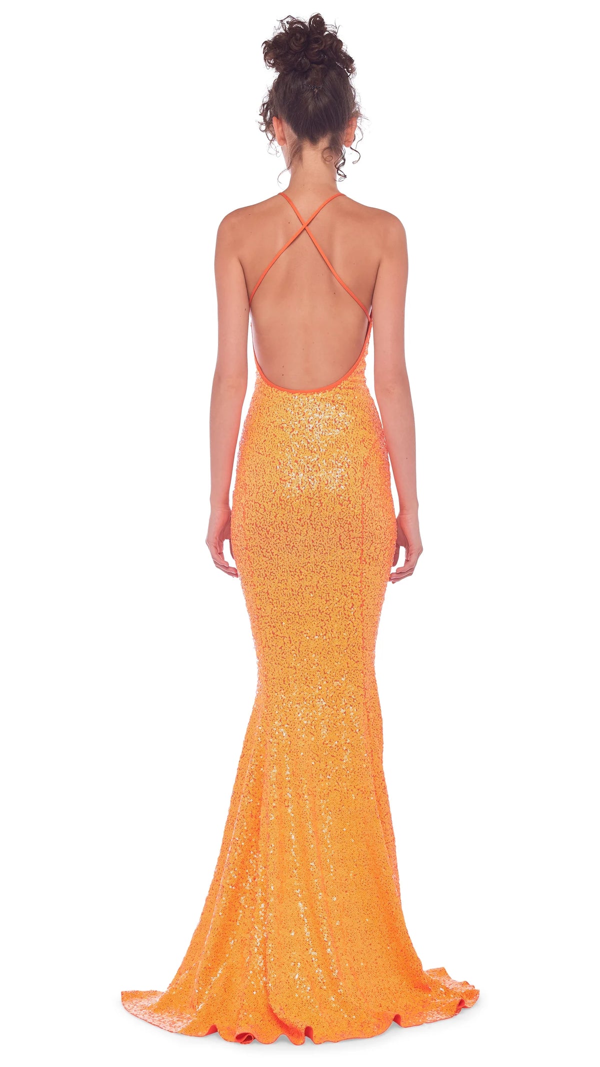 Norma Kamali Sequin Low Back Slip Mermaid Fishtail Gown in Neon Orange