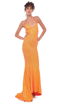 Norma Kamali Sequin Low Back Slip Mermaid Fishtail Gown in Neon Orange