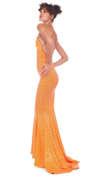 Norma Kamali Sequin Low Back Slip Mermaid Fishtail Gown in Neon Orange