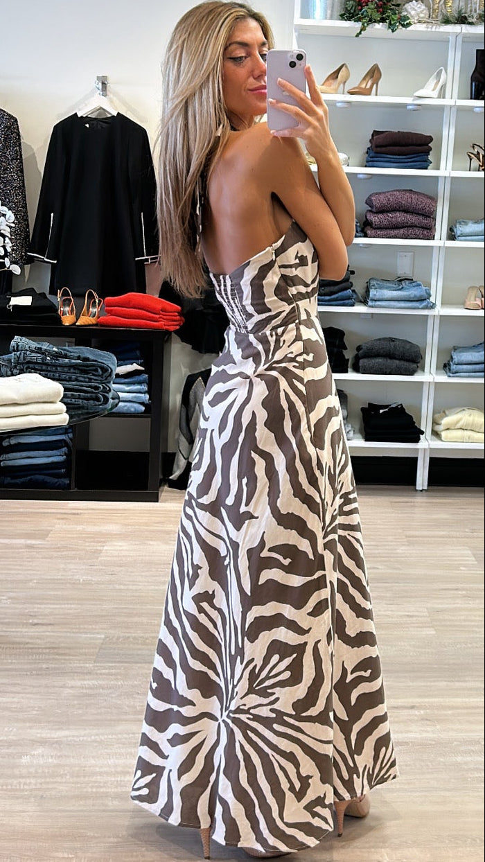 Allison New York Riley Halter Maxi Dress in Brown Zebra