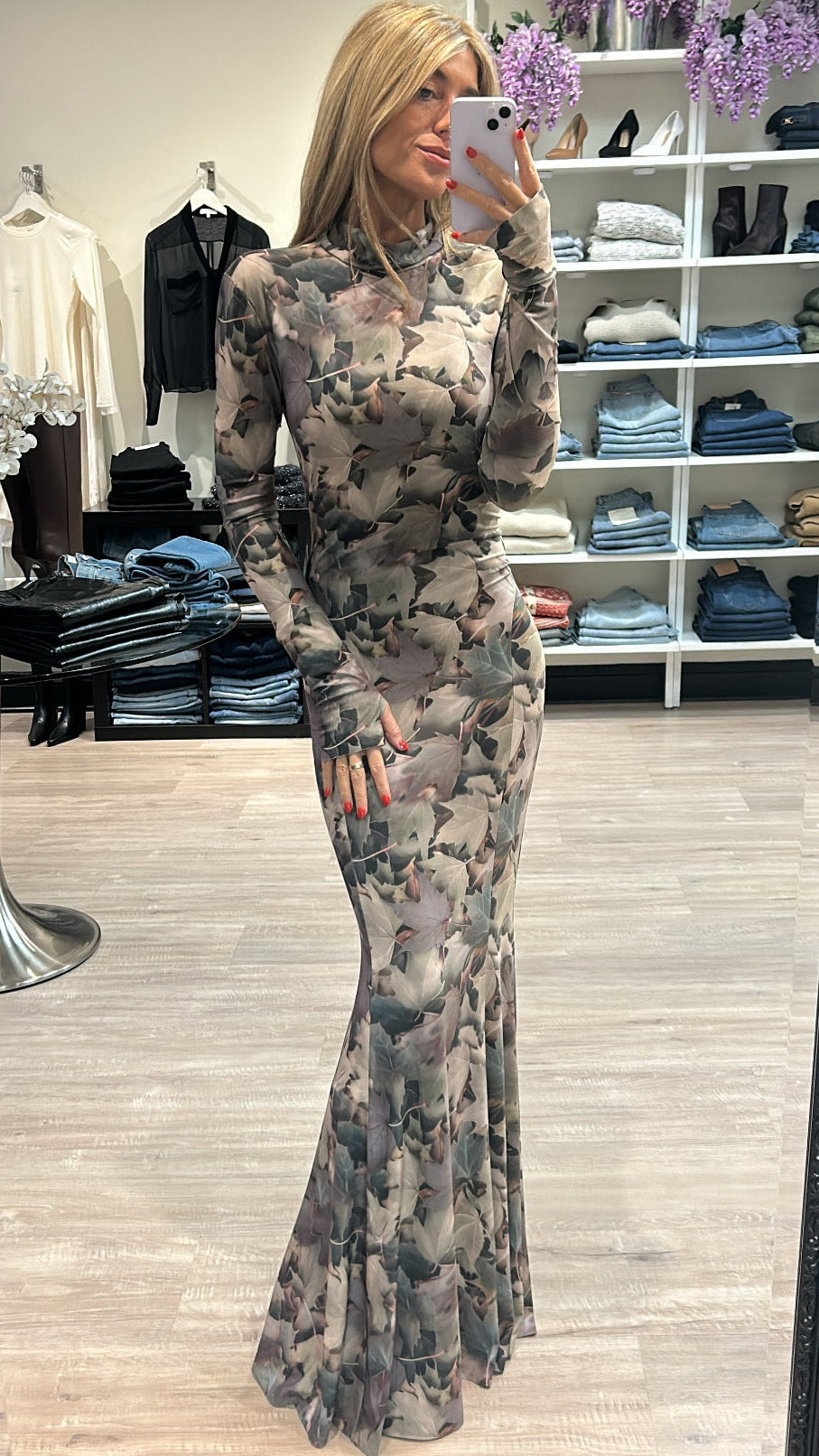 Norma Kamali Long Sleeve Turtle Fishtail Gown in Autumn Leaves