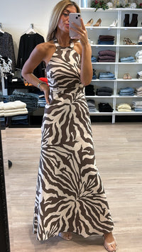 Allison New York Riley Halter Maxi Dress in Brown Zebra