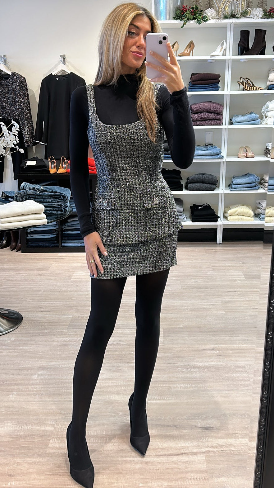 Amanda Uprichard Empire Tweed Dress in Black/Silver
