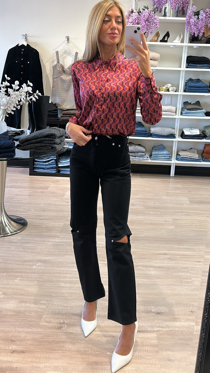 Misa Celine Satin Button Down Blouse in Geo Sixty