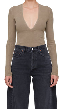 AGOLDE Denim Zena Ribbed Bodysuit in Trail