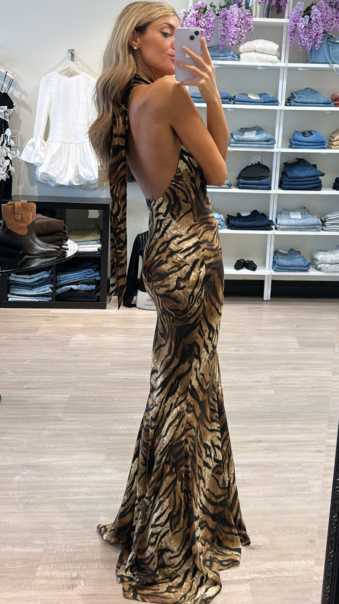 Ronny Kobo Affina Halter Gown in Tigers Eye Print