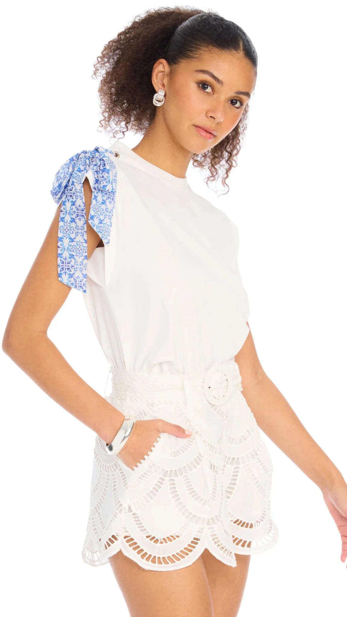 Allison New York Ainsley Eyelet Belted Short in White