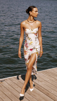 Amanda Uprichard Ivy Strapless Midi Dress in White Multi