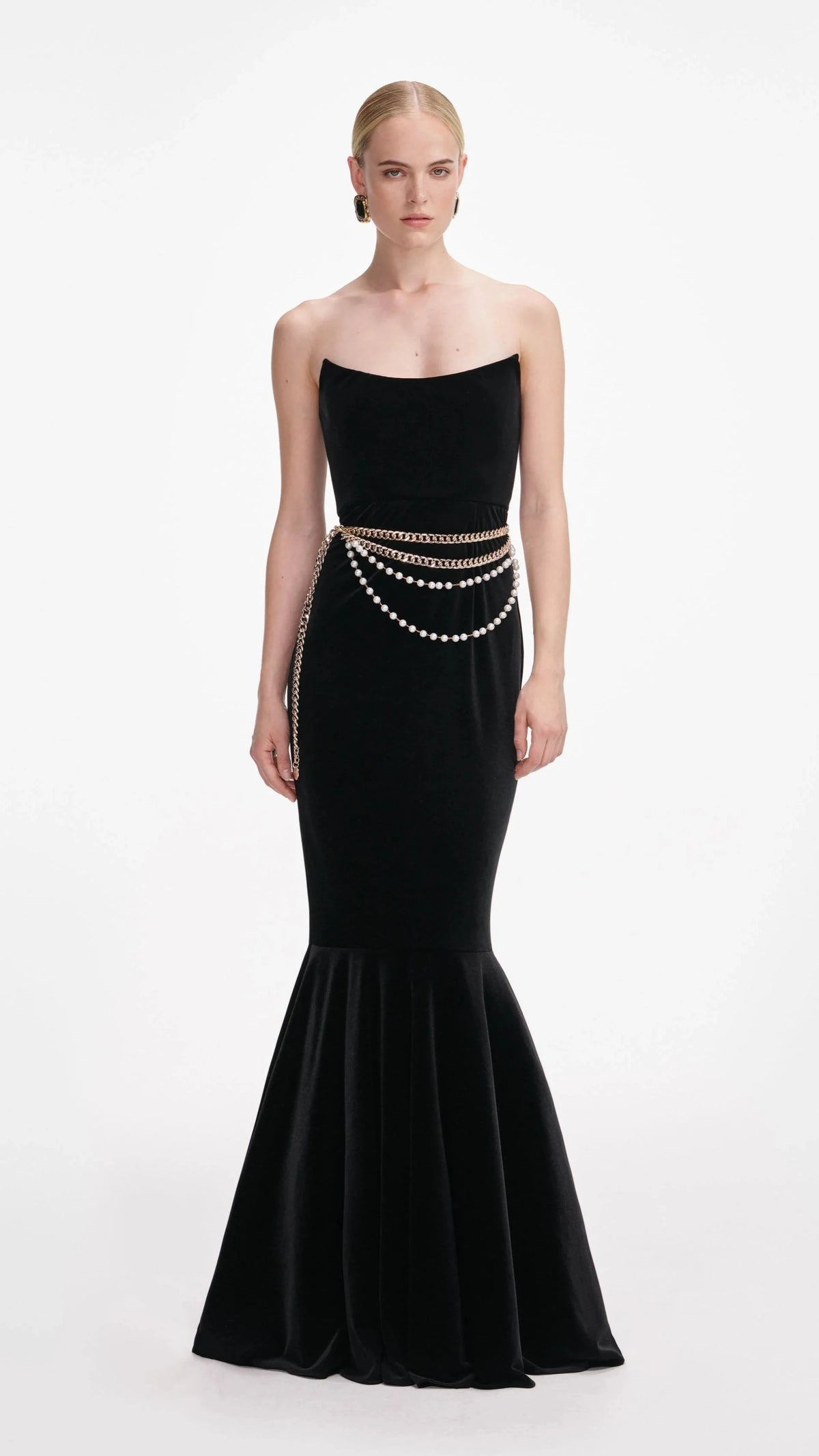 Self Portrait Strapless Velvet Gown with Chain Belt in Black