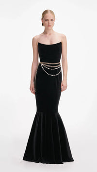 Self Portrait Strapless Velvet Gown with Chain Belt in Black