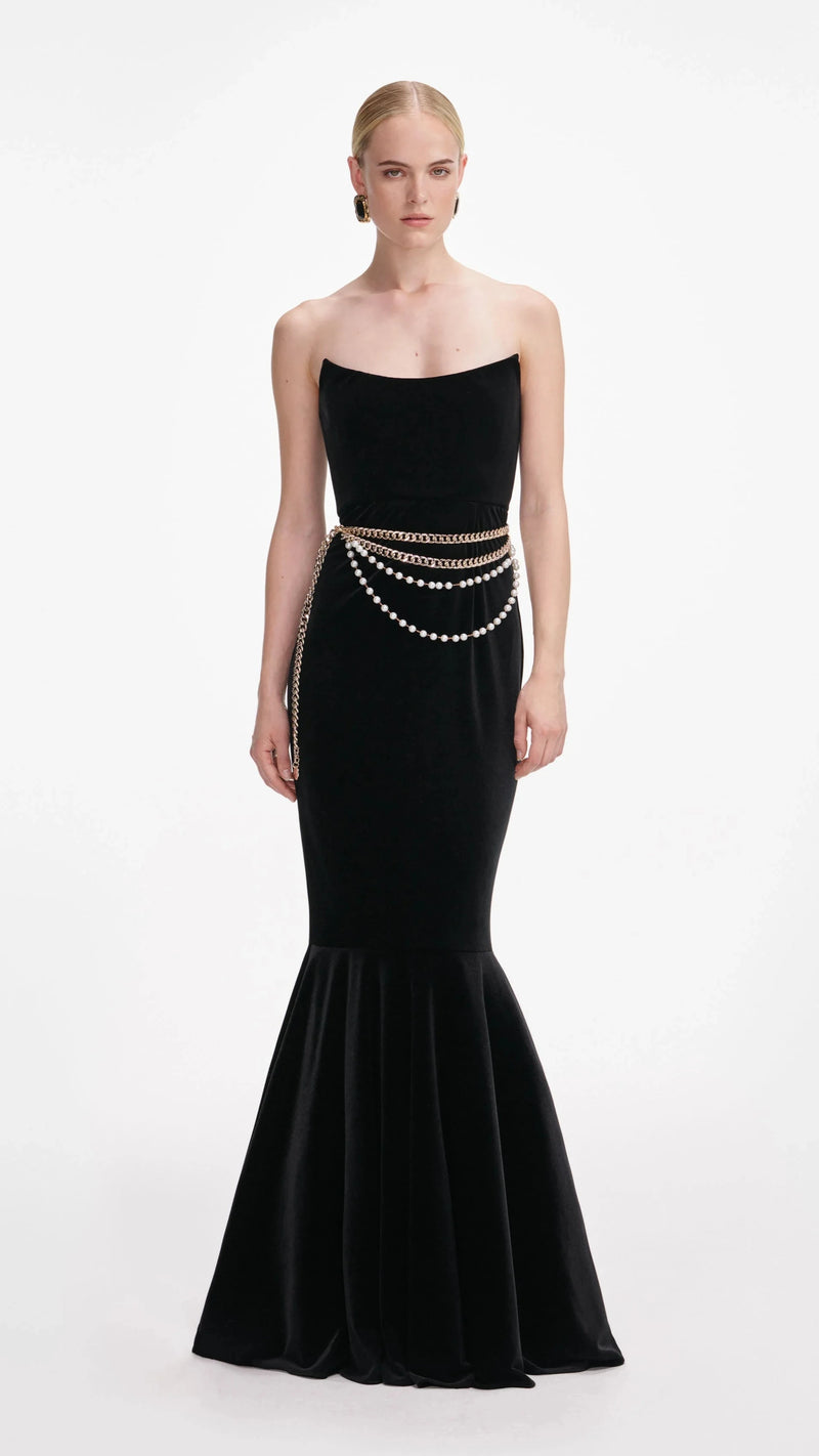 Self Portrait Strapless Velvet Gown with Chain Belt in Black
