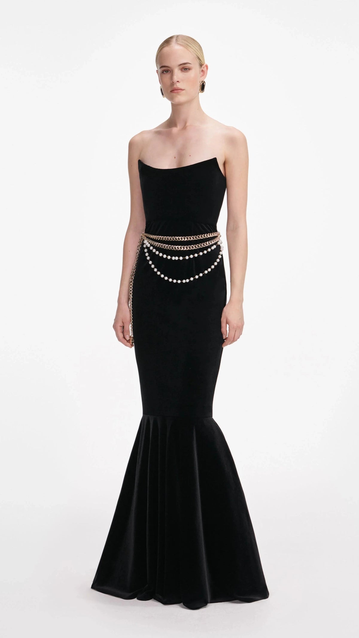 Self Portrait Strapless Velvet Gown with Chain Belt in Black